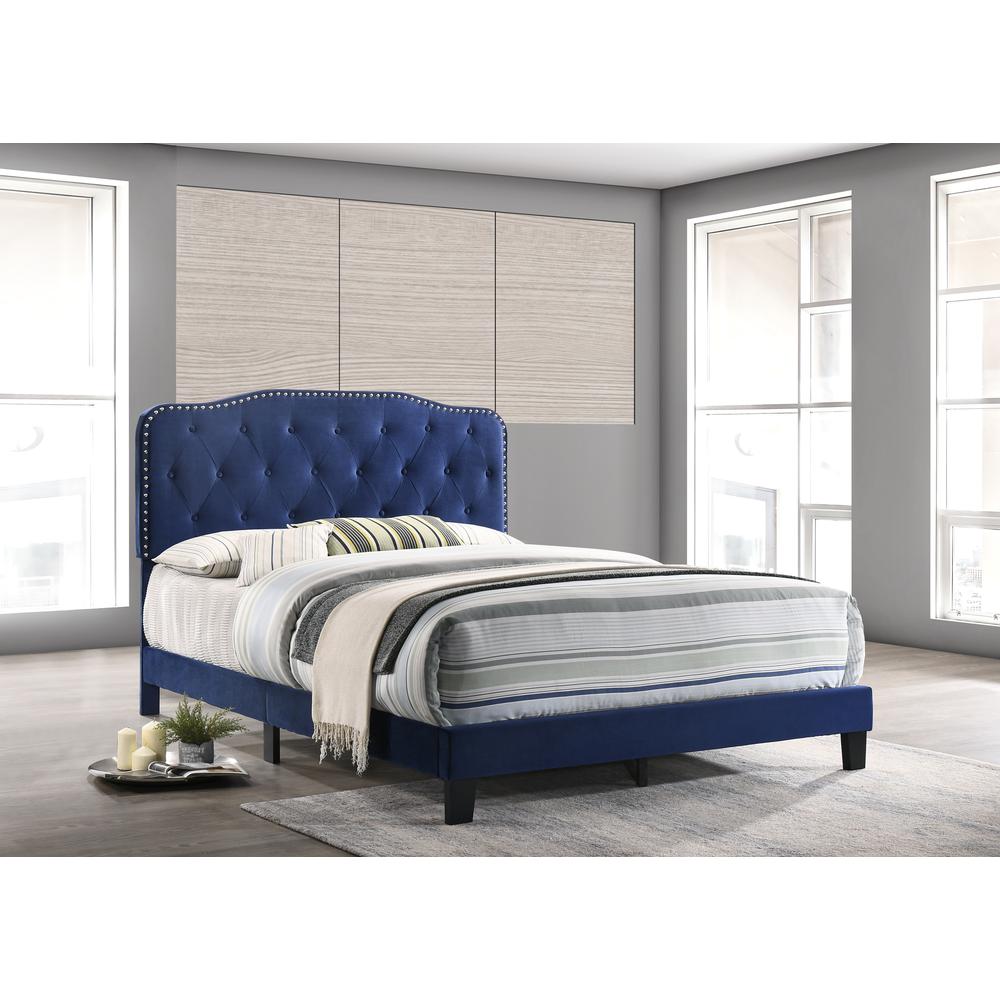 Navy Blue Velvet Uph. Panel Bed with Silver Nailhead - Queen. Picture 1