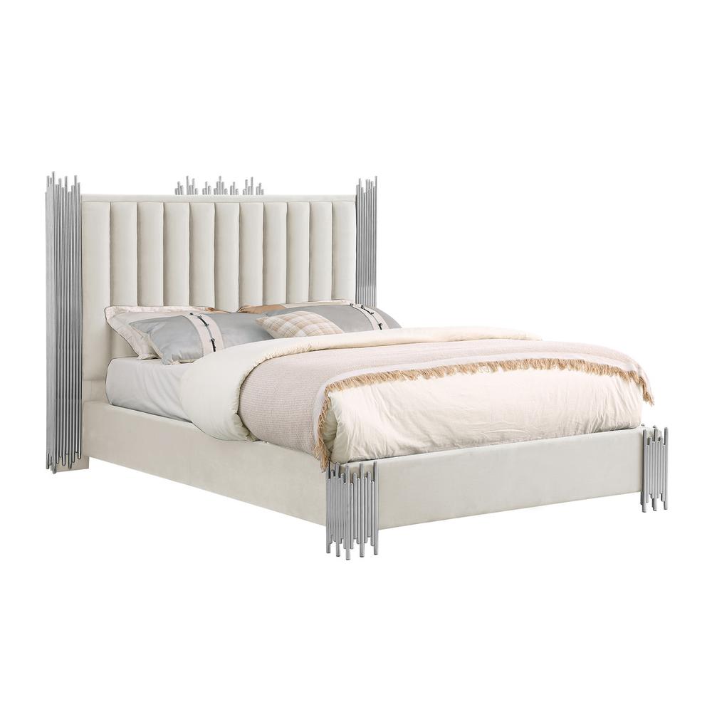 Eastern King size Cream velvet bed with silver corners (Platform). Picture 1