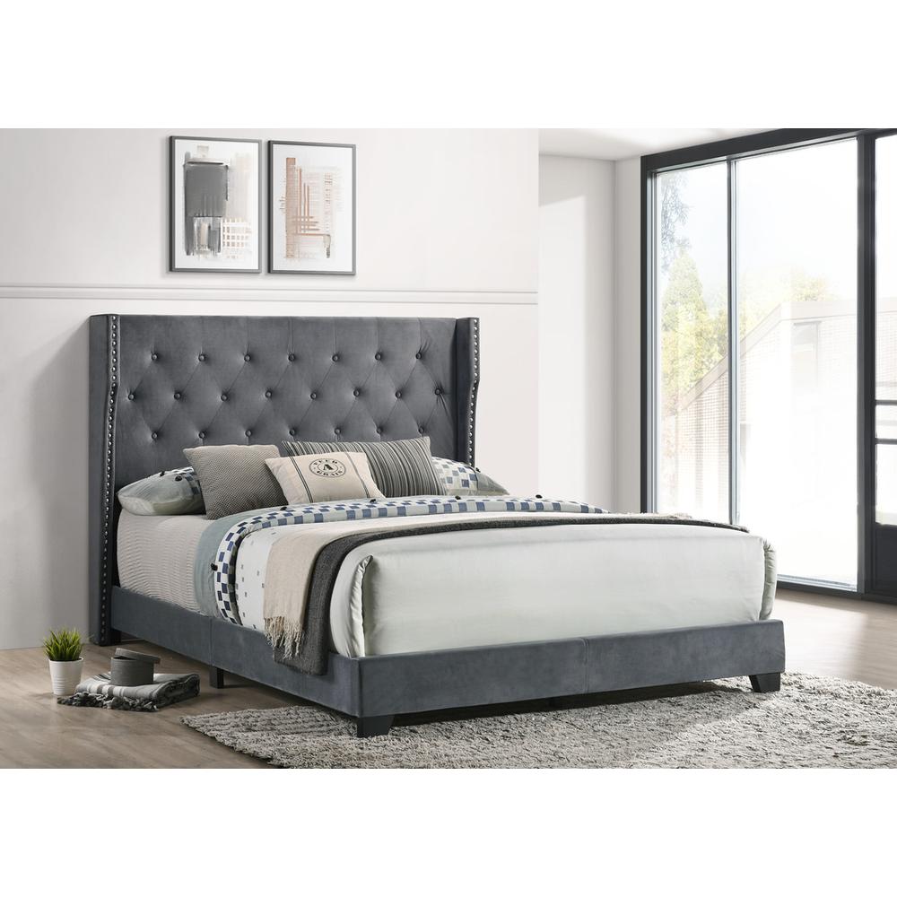 Dark Grey Velvet Uph. Panel Bed Tufted Buttons Side Studs, Eastern King. Picture 2