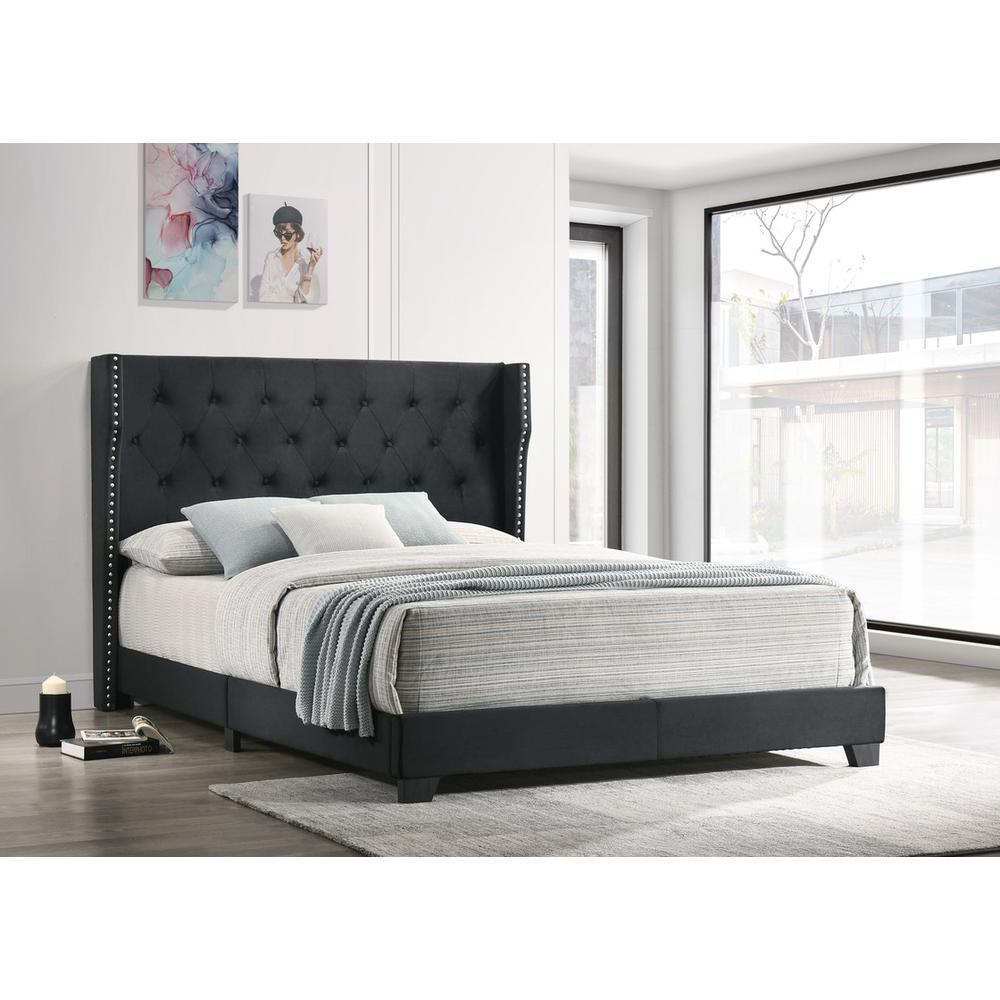 Black Velvet Uph. Panel Bed Tufted Buttons Side Studs, Eastern King. Picture 2