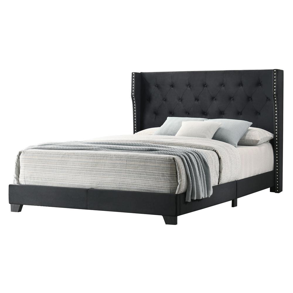 Black Velvet Uph. Panel Bed Tufted Buttons Side Studs, Eastern King. Picture 1