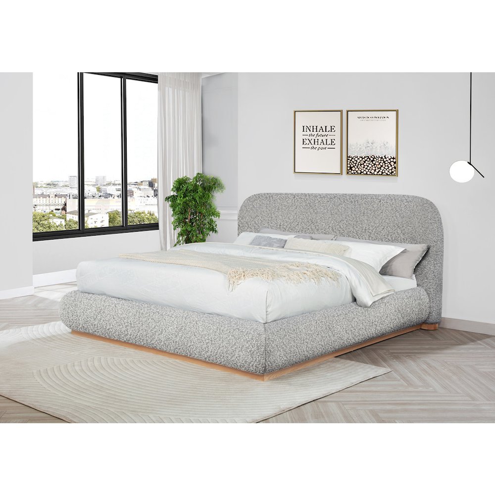 Rich Gray Boucle Eastern King Platform Bed With Wood Base. Picture 3