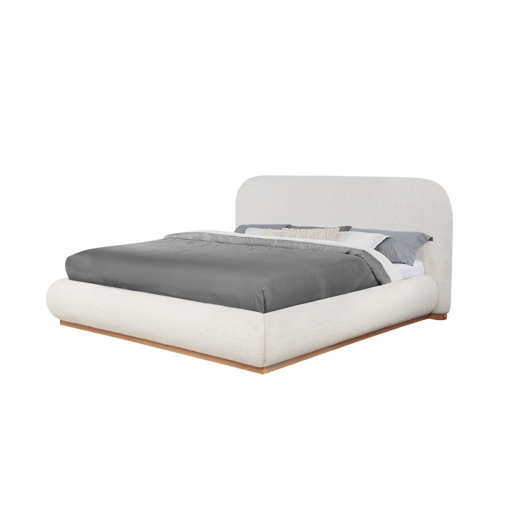 Cream Boucle Eastern King Platform Bed With Wood Base. Picture 1
