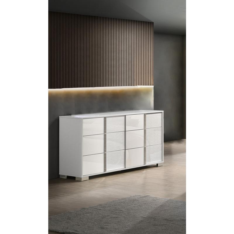 White dresser with 6 drawers and a blue LED light trim on the mirror. Picture 2