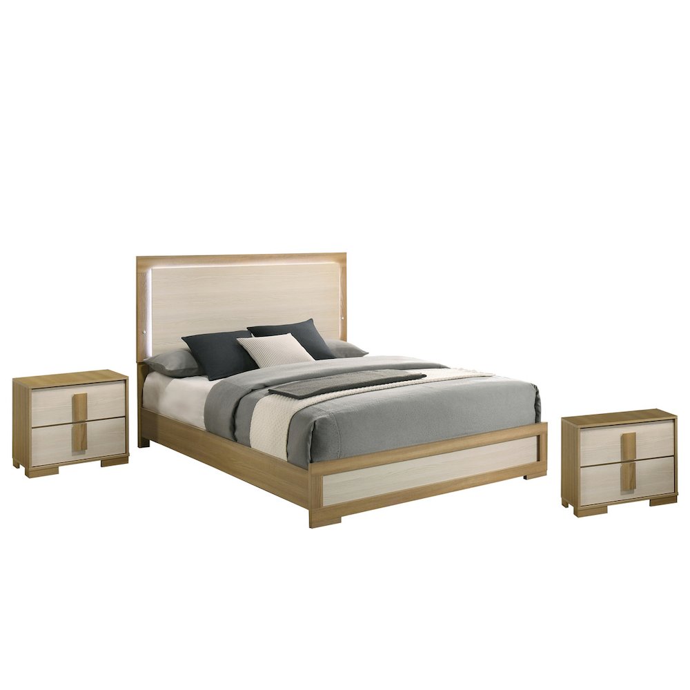 3 piece - Beige wood bedroom set (bed+2Night stands). Picture 1