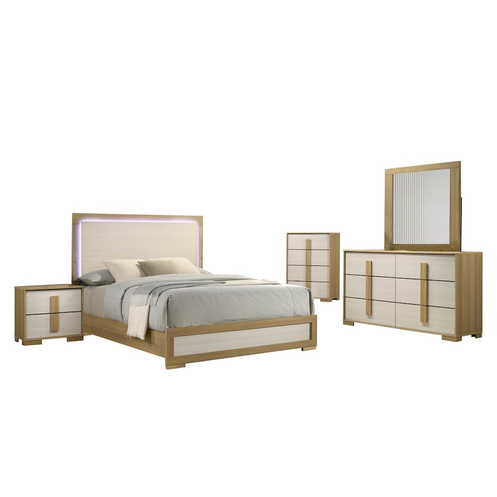 5 piece - Beige wood bedroom set (Bed+NS+Dresser+Mirror+Chest). Picture 1