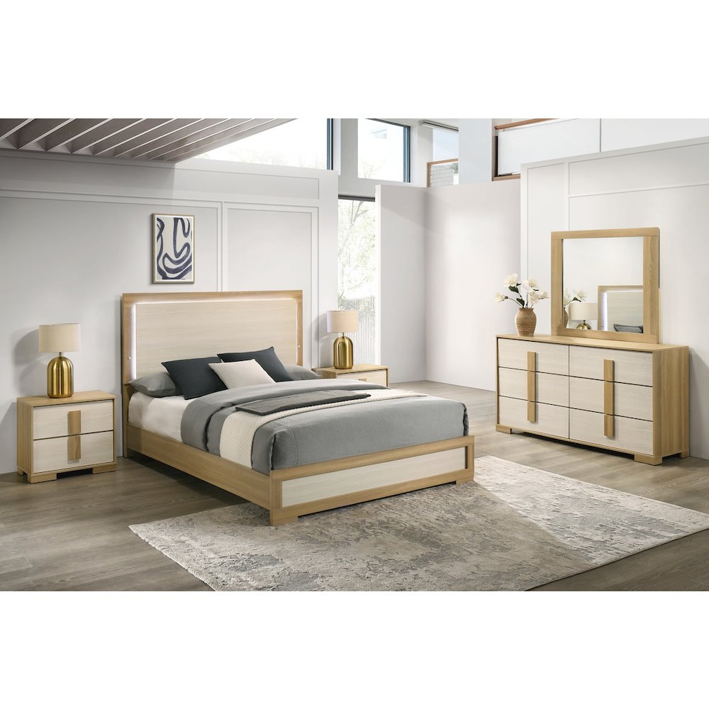 5 piece - Beige wood bedroom set (Bed+2NS+Dresser+Mirror). Picture 5