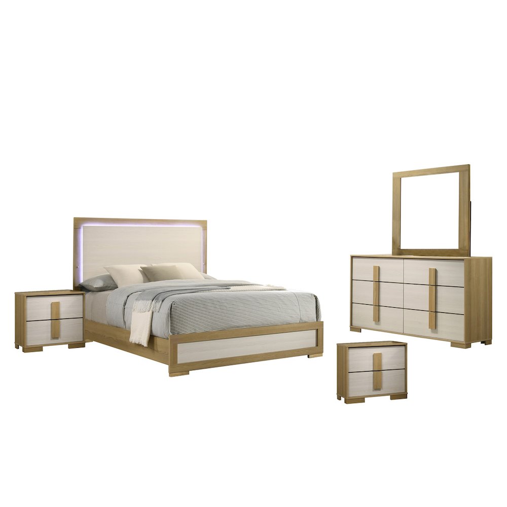 5 piece - Beige wood bedroom set (Bed+2NS+Dresser+Mirror). Picture 1