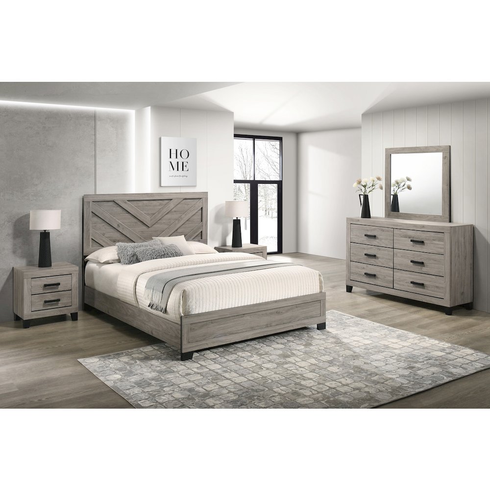 5 piece light grey pannel bedroom set (Bed+2NS+Dresser+Mirror). Picture 5