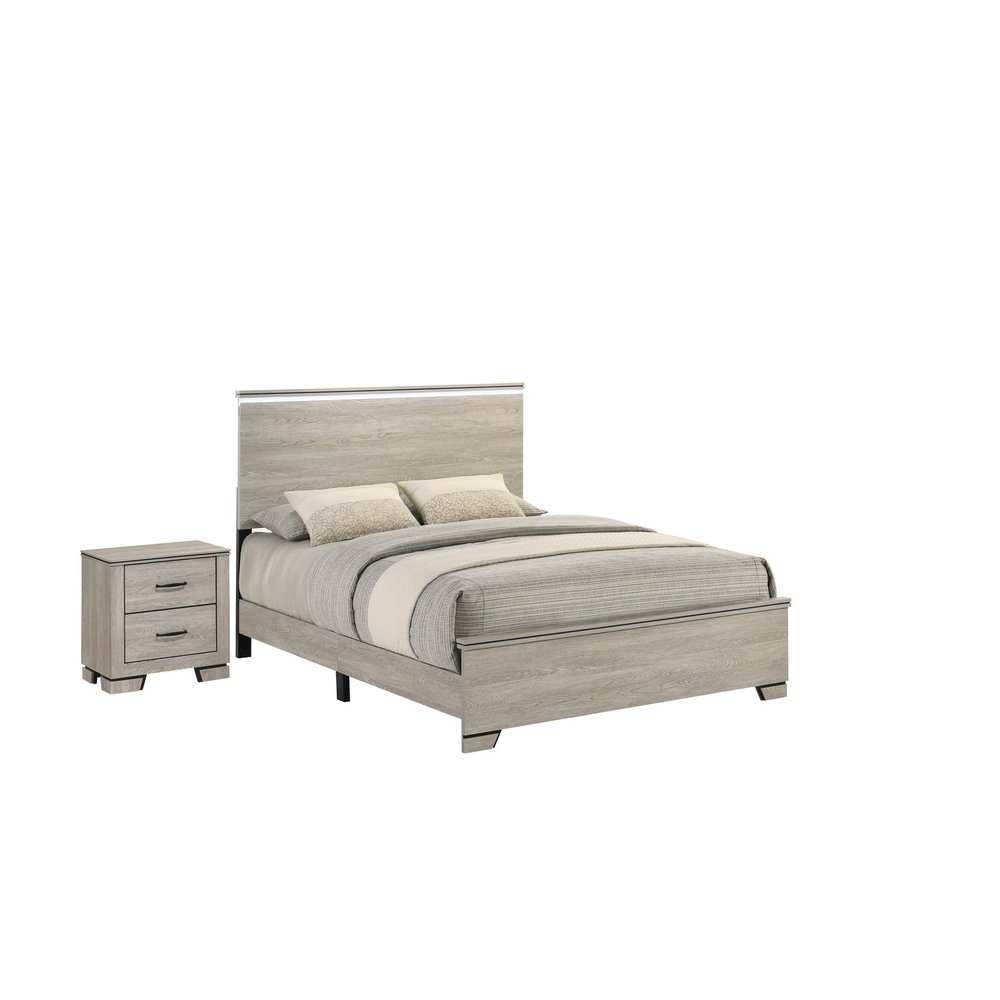 2pc Queen Panel Bedroom Set Greige Rustic Oak (Bed, Nightstand). Picture 1