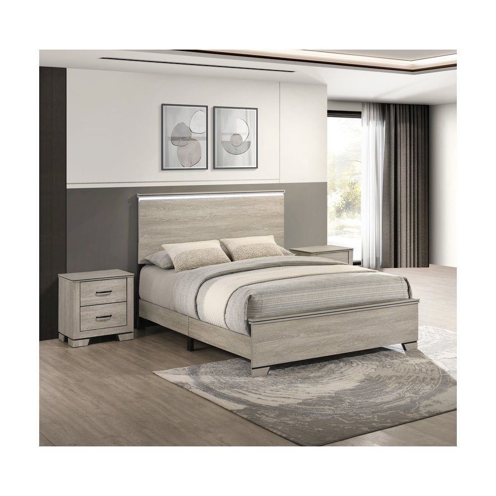 3pc Queen Panel Bedroom Set Greige Rustic Oak  (Bed, 2 Nightstand). Picture 2
