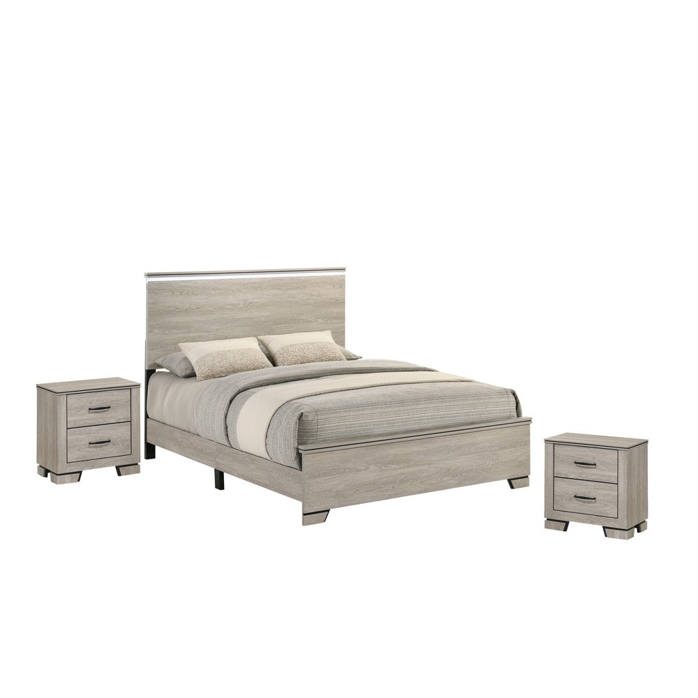 3pc Queen Panel Bedroom Set Greige Rustic Oak  (Bed, 2 Nightstand). Picture 1