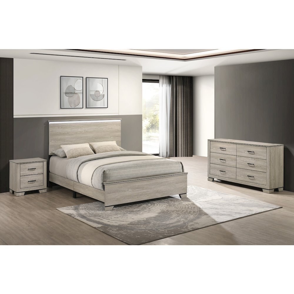 3pc Queen Panel Bedroom Set Greige Rustic Oak (Bed, Dresser, Nightstand). Picture 2