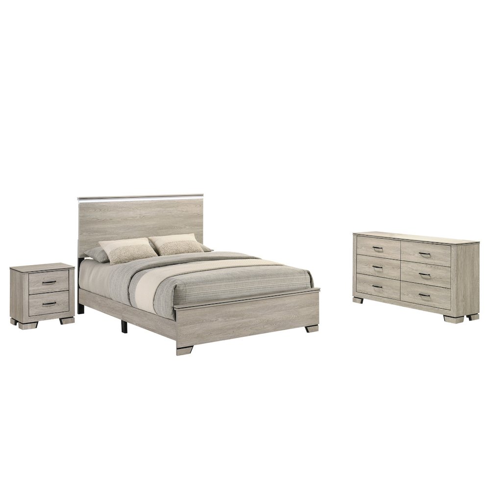 3pc Queen Panel Bedroom Set Greige Rustic Oak (Bed, Dresser, Nightstand). Picture 1