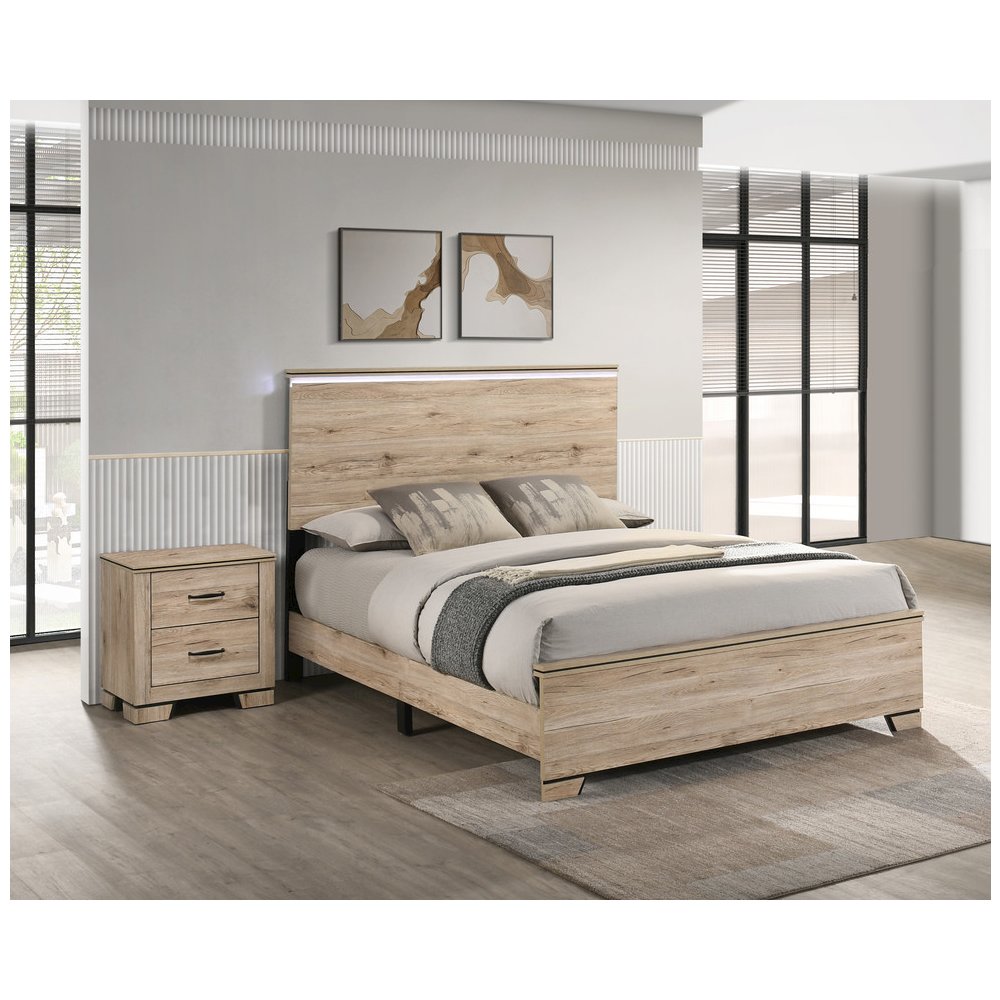 2pc Queen Panel Bedroom Set Light Oak (Bed, Nightstand). Picture 2