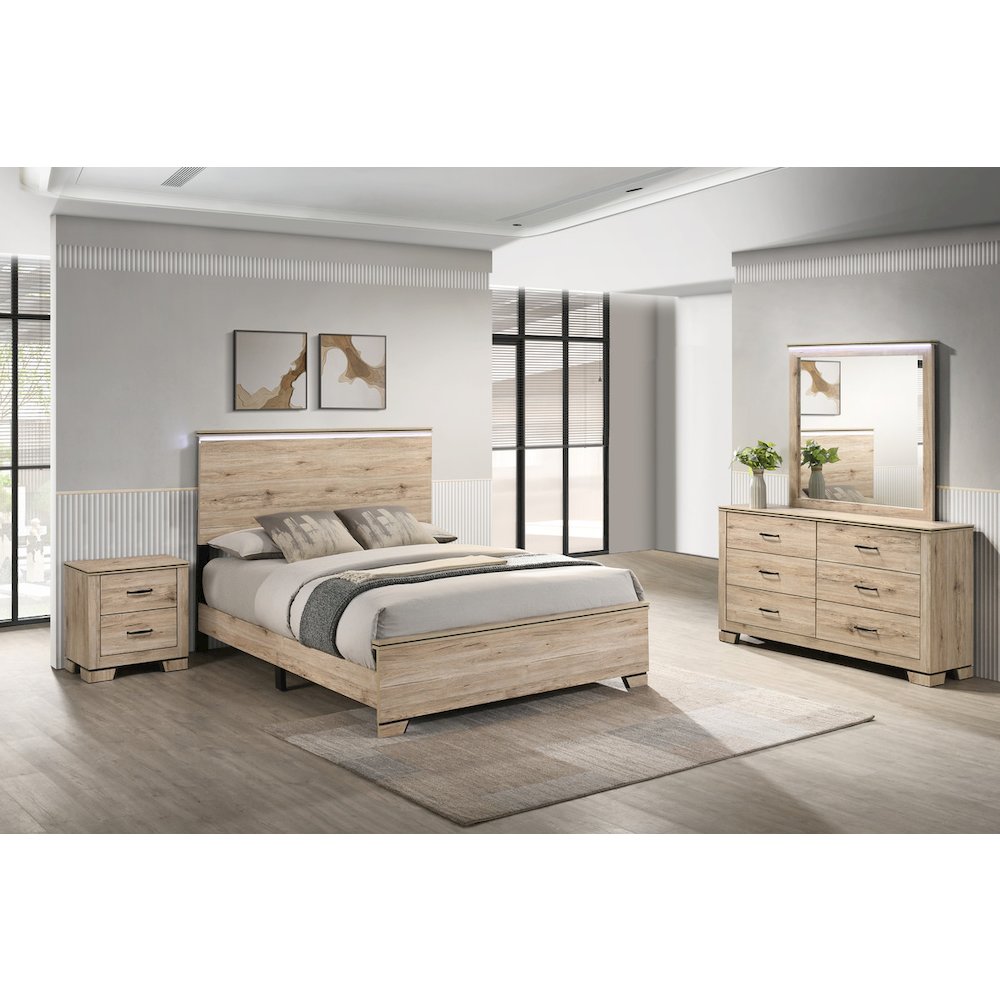 4pc Queen Panel Bedroom Set Light Oak  (Bed, Dresser, Mirror,  Nightstand). Picture 2