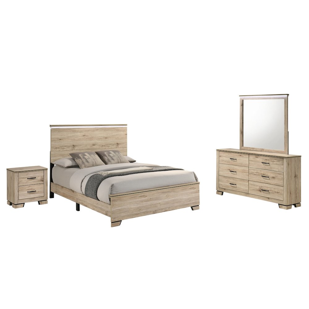 4pc Queen Panel Bedroom Set Light Oak  (Bed, Dresser, Mirror,  Nightstand). Picture 1