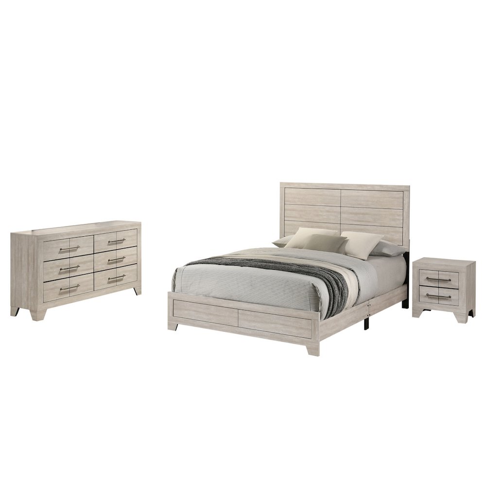 3pc Queen Panel Bedroom Set Rustic Gray Oak color (Bed, Dresser, Nightstand)