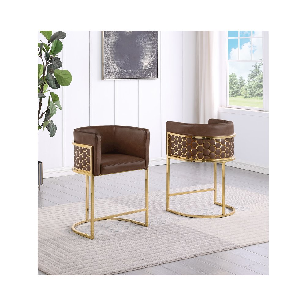 Mocha with Honeycomb Gold Base Barstool, Set of 1. Picture 3