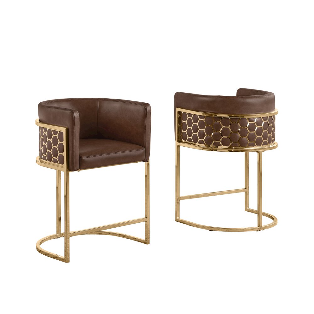 Mocha with Honeycomb Gold Base Barstool, Set of 1. Picture 1