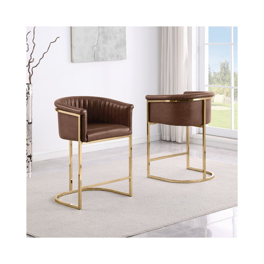 Single Leather-Aire Barstool Mocha with Gold Chrome Base. Picture 3