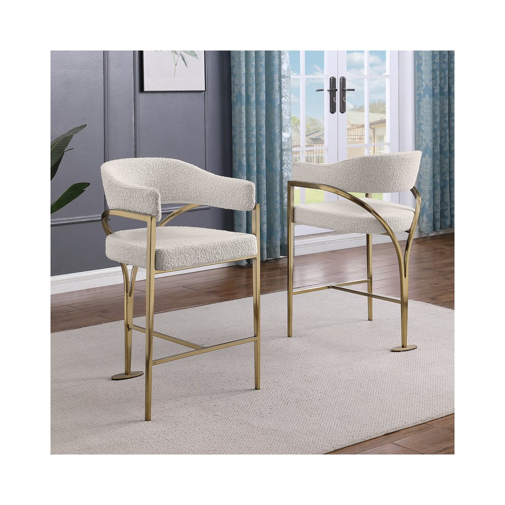 Single Boucle Fabric Barstool Cream with Matte Gold Chrome Base. Picture 3