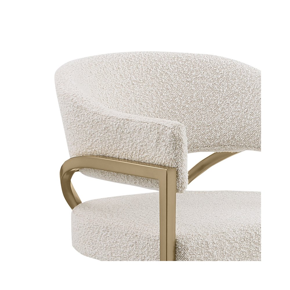 Single Boucle Fabric Barstool Cream with Matte Gold Chrome Base. Picture 2