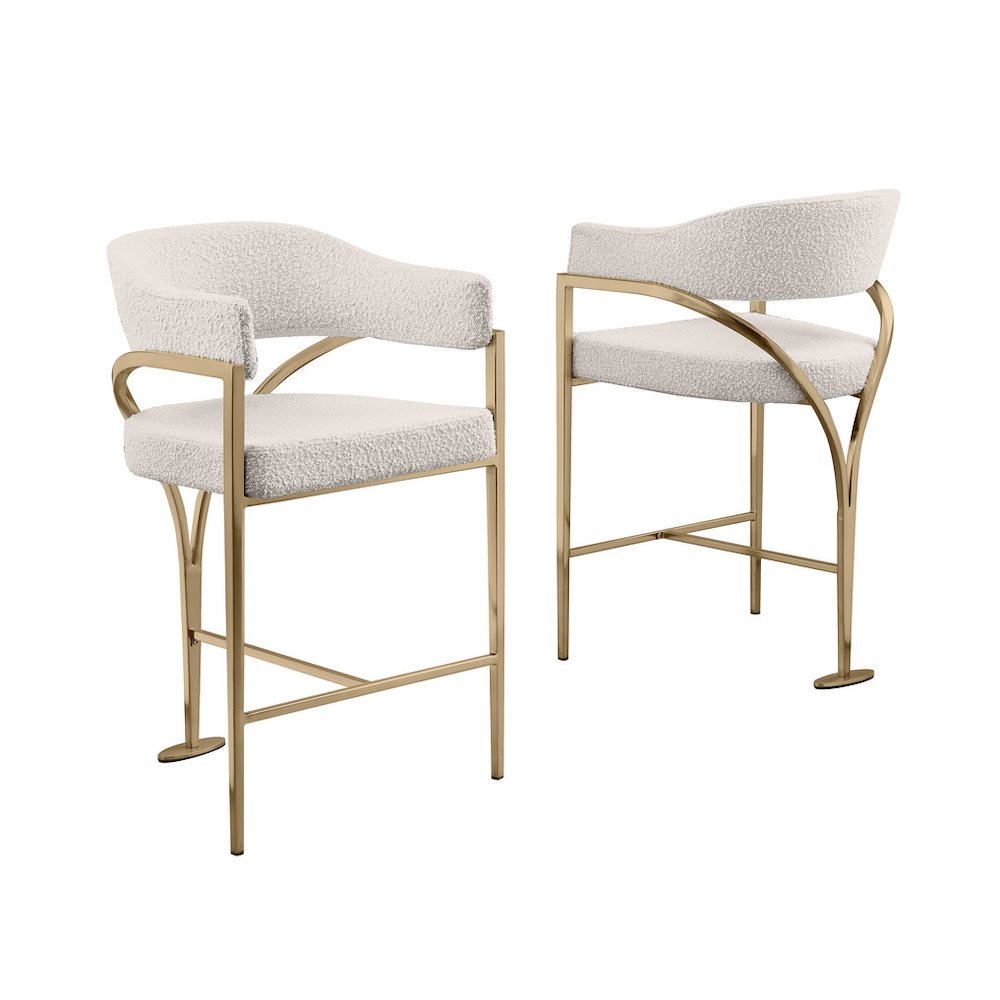 Single Boucle Fabric Barstool Cream with Matte Gold Chrome Base. Picture 1
