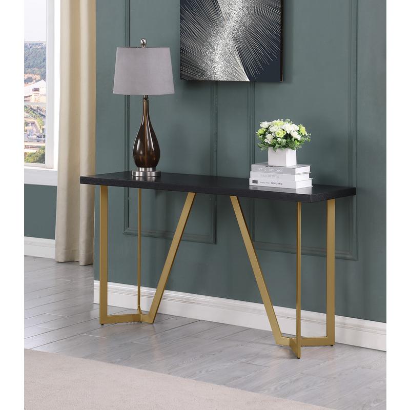 3pc Black wood top coffee table set w/gold color iron base (1Coffee+1End+1console table). Picture 4
