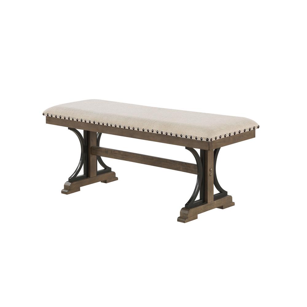 Upholstered Dining bench in Brown oak and beige fabric. Picture 1