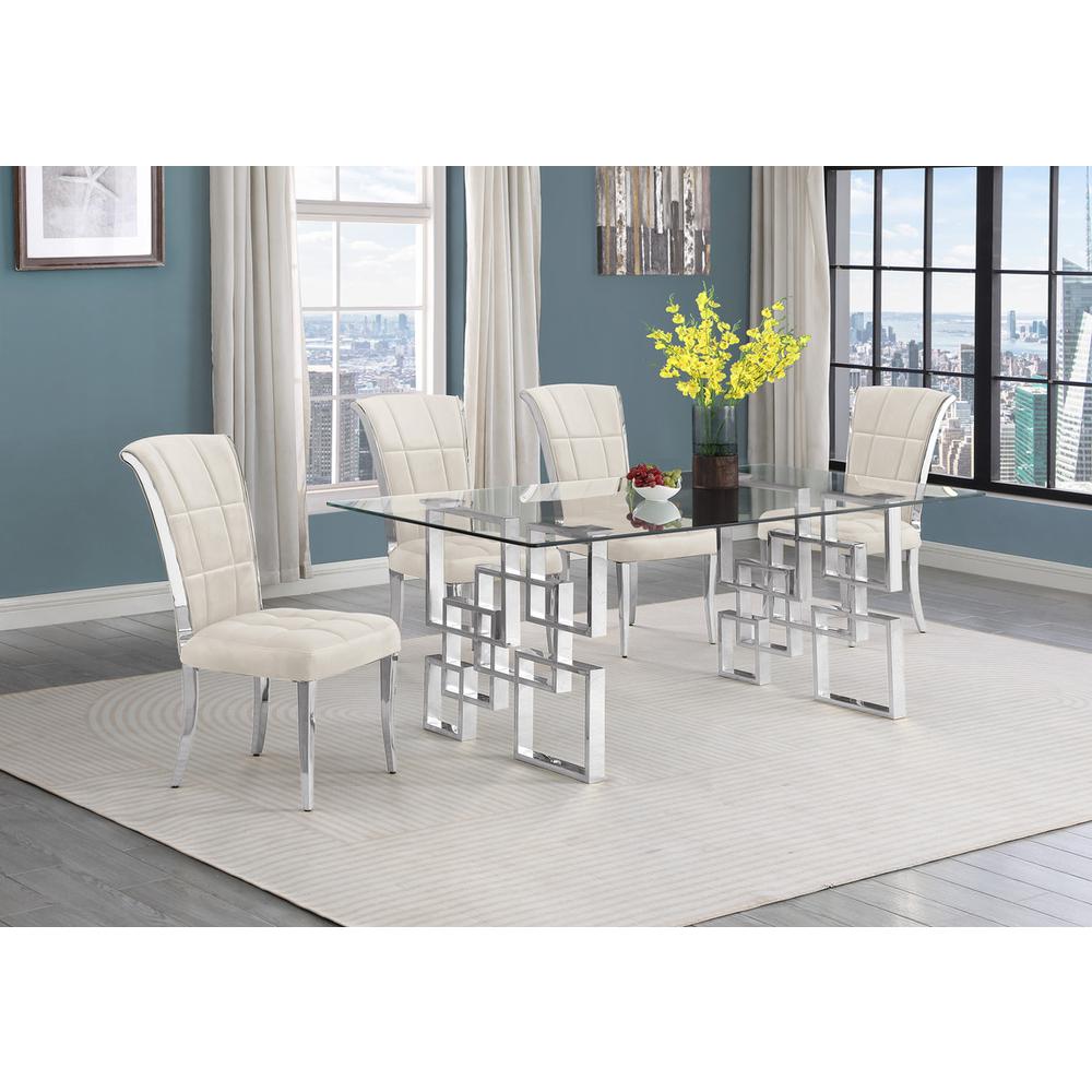 5-piece glam dining set with 4 cream chairs and a 79" long glass  table. Picture 4