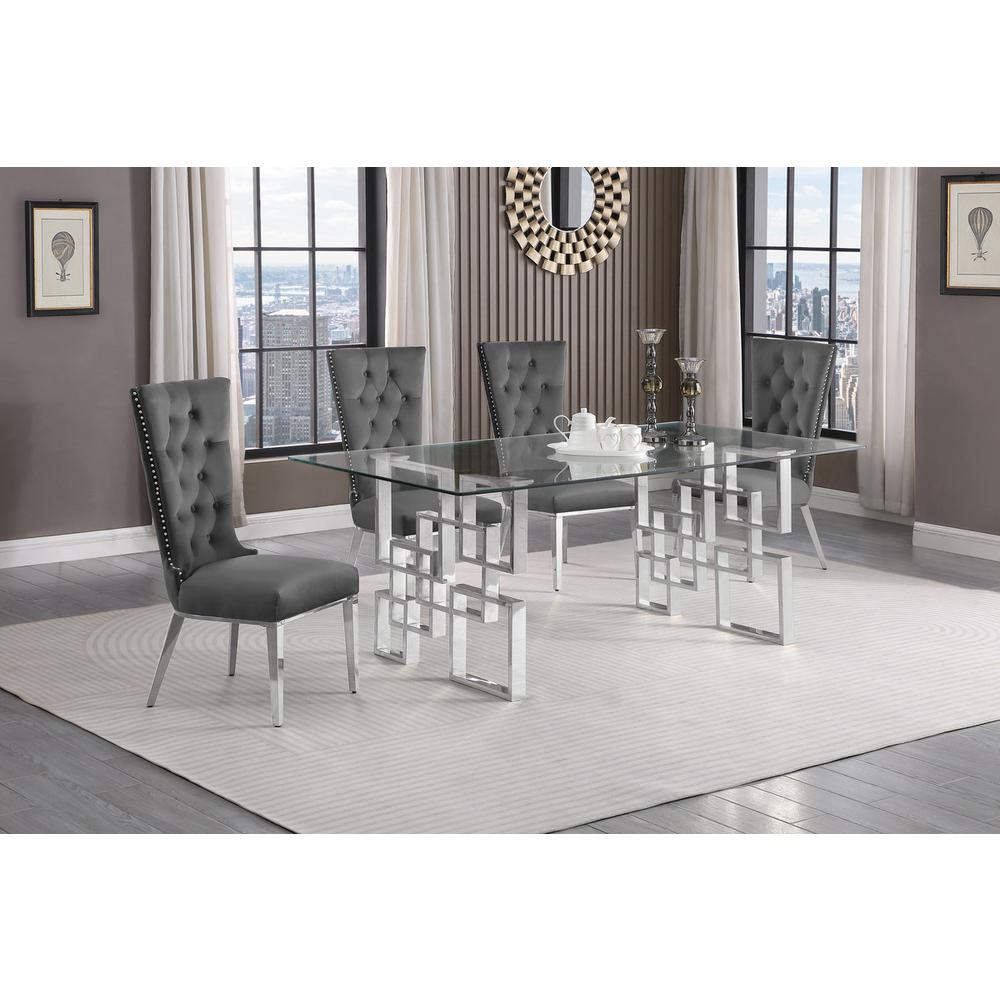 5-piece glam dining set with 4 dark grey chairs and a 79" long glass  table. Picture 4