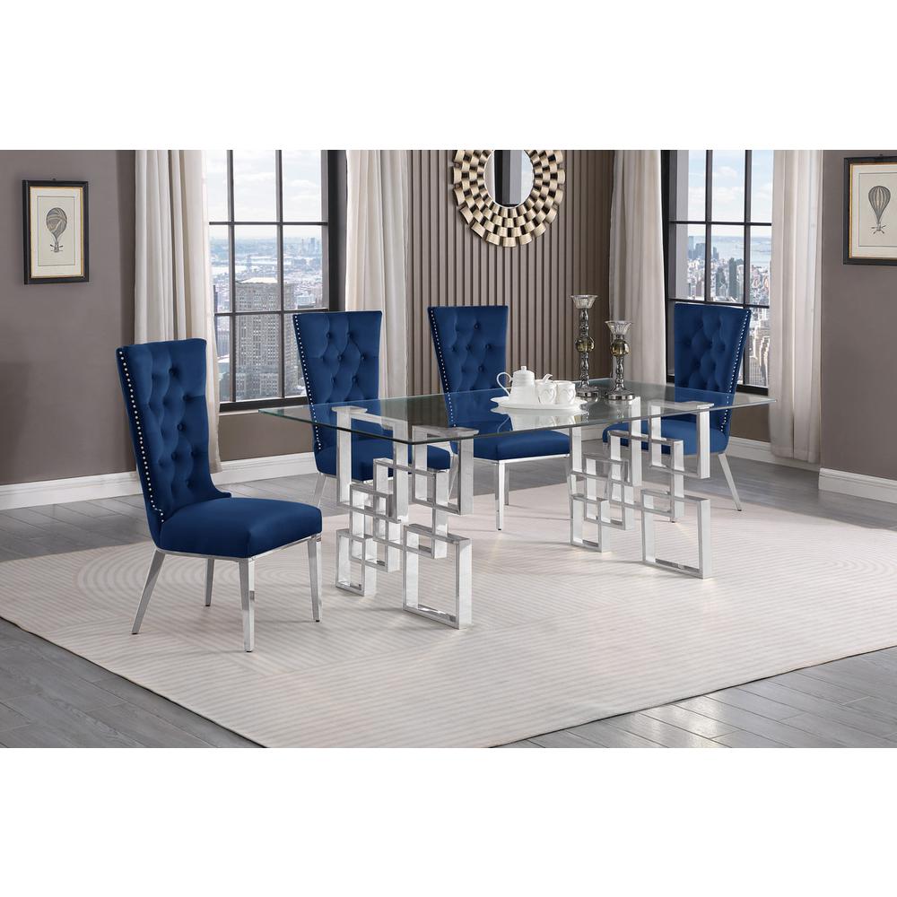 5-piece glam dining set with 4 navy blue chairs and a 79" long glass  table. Picture 4