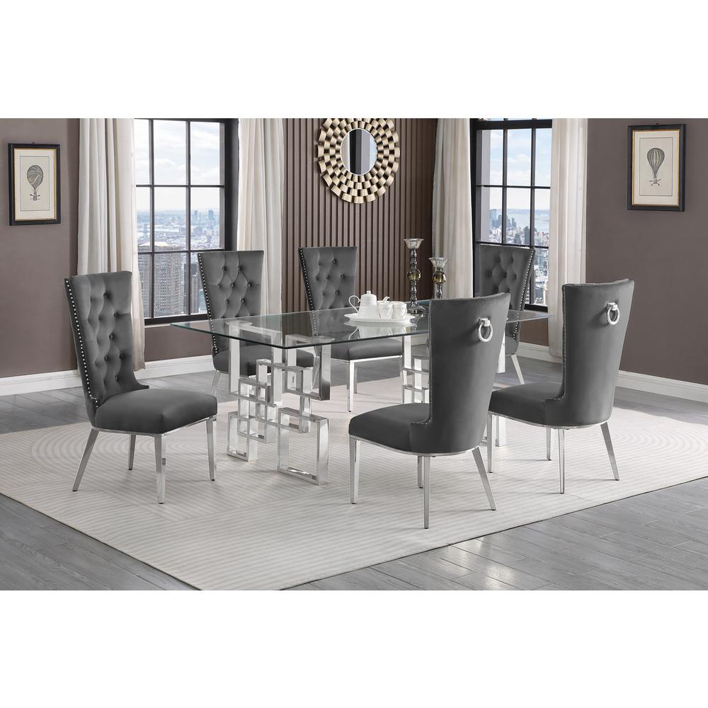 7-piece glam dining set with 6 dark grey chairs and a 79" long glass  table. Picture 4