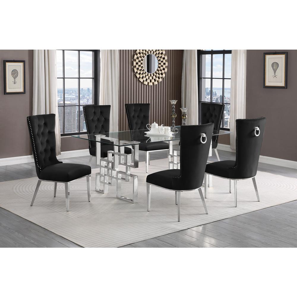 7-piece glam dining set with 6 black chairs and a 79" long glass  table. Picture 4
