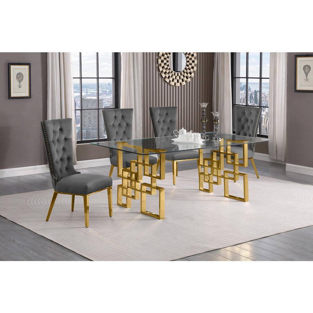 5-piece glam dining set with 4 dark grey chairs and a 79" long glass  table. Picture 4