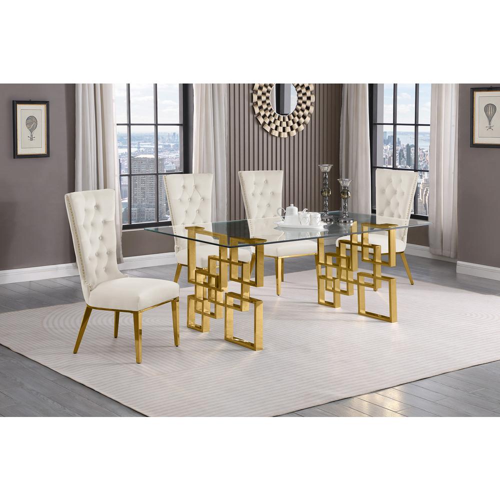 5-piece glam dining set with 4 cream side chiars and a 79" long glass  table. Picture 4
