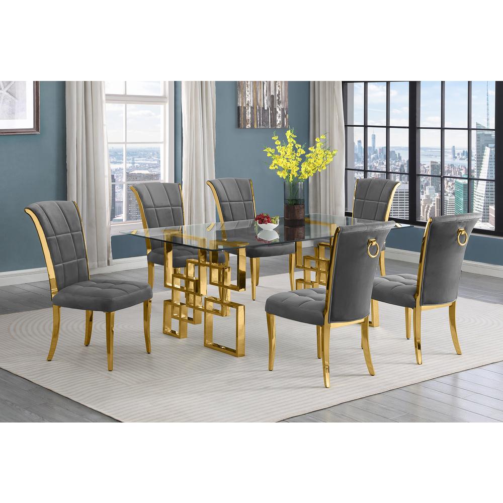 7-piece glam dining set with 6 dark grey chairs and a 79" long glass  table. Picture 4