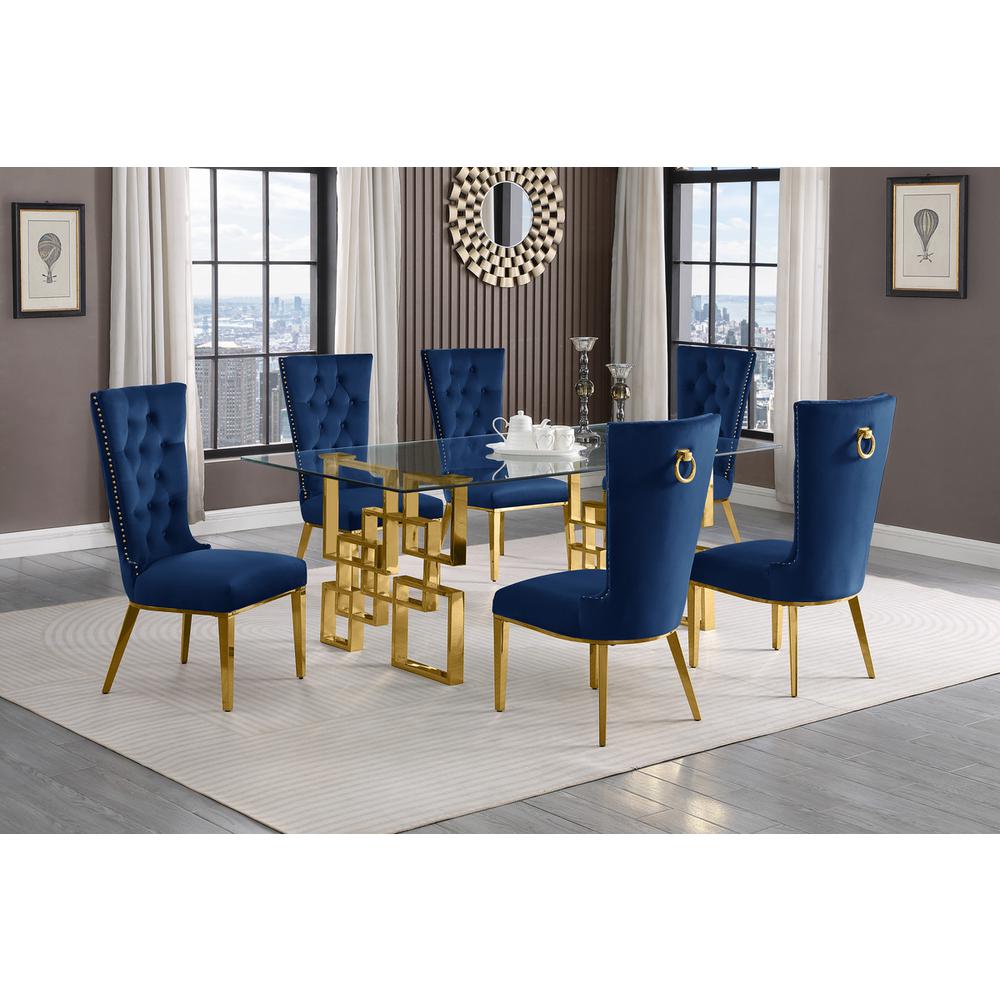 7-piece glam dining set with 6 navy blue chairs and a 79" long glass table