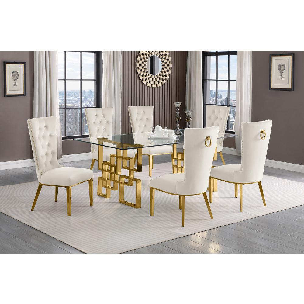 7-piece glam dining set with 6 cream chairs and a 79" long glass  table. Picture 4