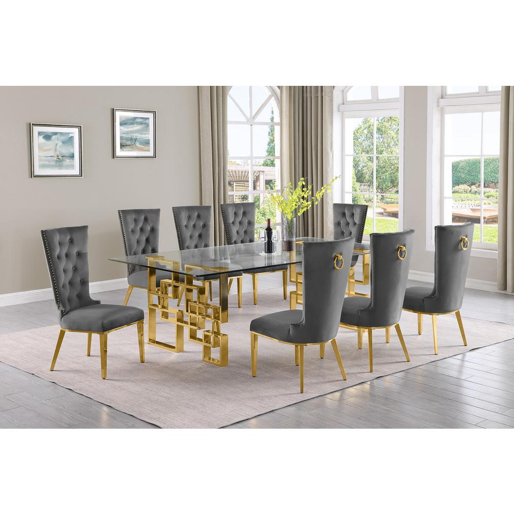 9-piece glam dining set with 8 dark grey chairs and a 95" long glass  table. Picture 4