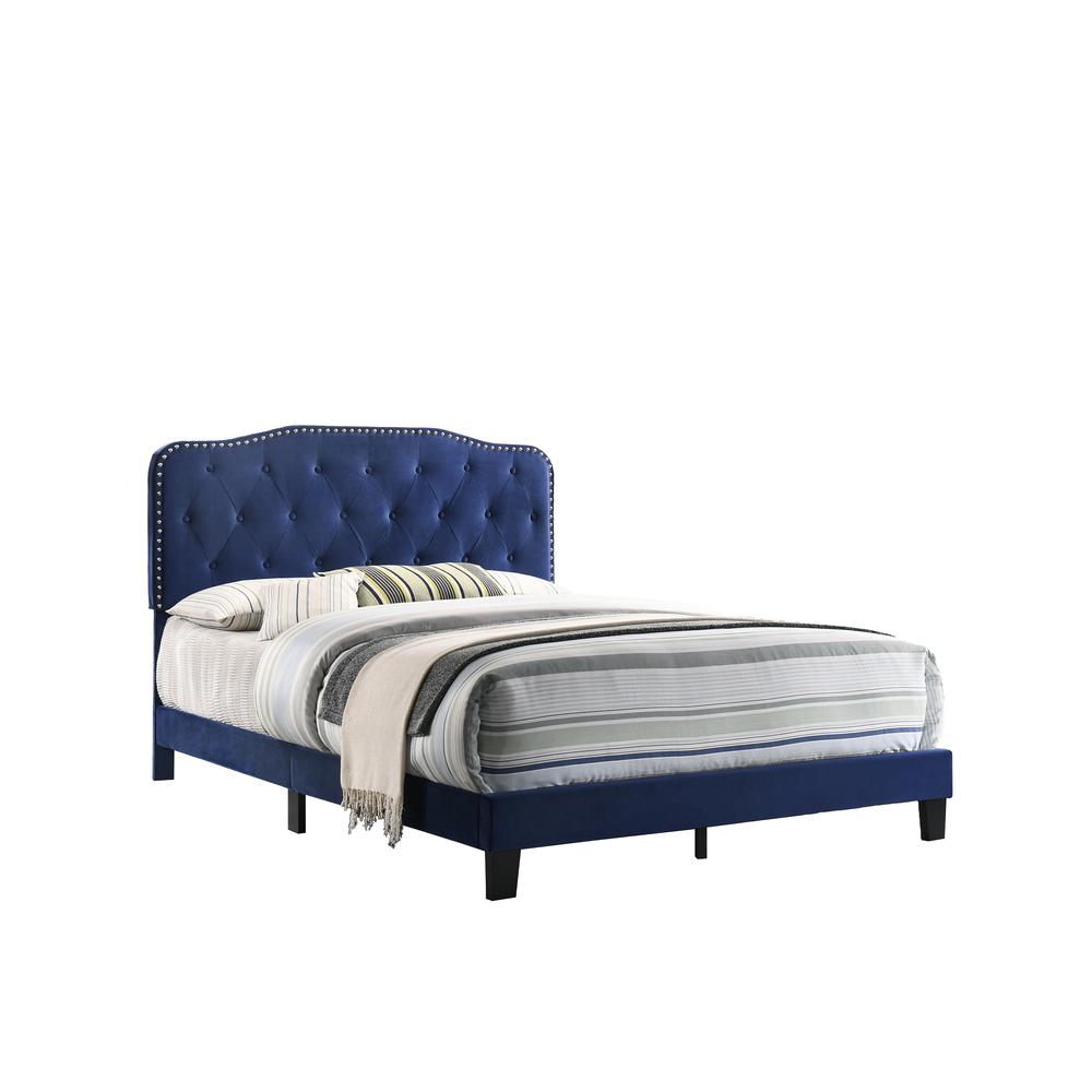 Navy Blue Velvet Uph. Panel Bed with Silver Nailhead - Queen. Picture 2
