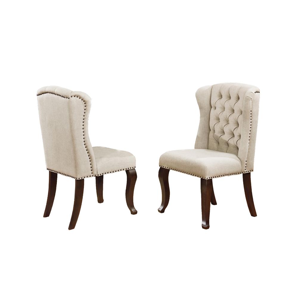 Classic 7pc Dining Set w/Uph Bench & Wingback Chairs Tufted & Naildhead Trim, Table w/Center 20" Leaf, Beige. Picture 4