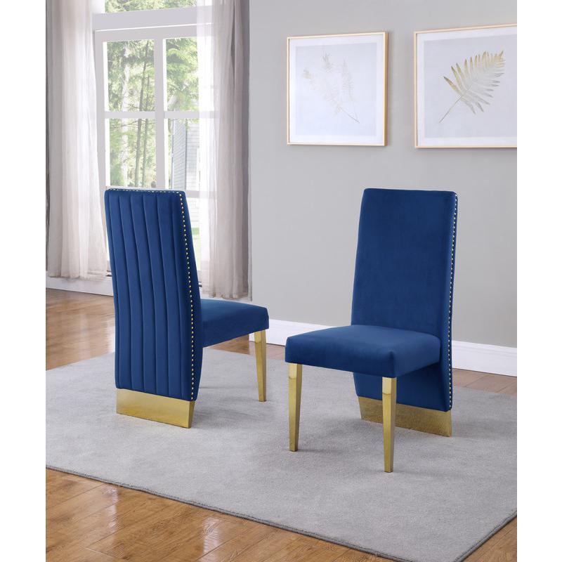 Classic 7pc Dining Set w/Pleated Side Chair, Glass Table w/ Gold Spiral Base, Navy Blue. Picture 2
