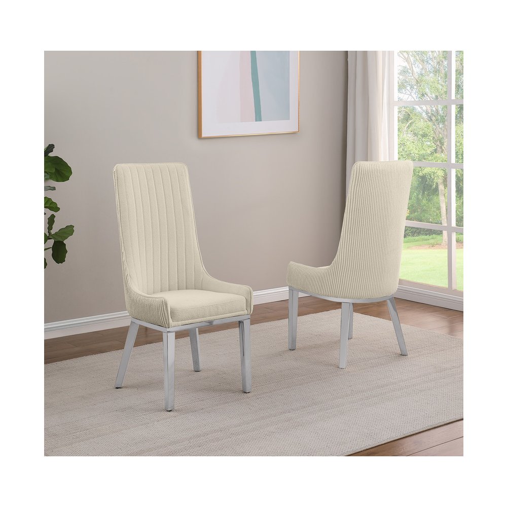 7Pc Tempered Glass Dining Set With 6 Cream Boucle Side Chairs And A Silver Base. Picture 4