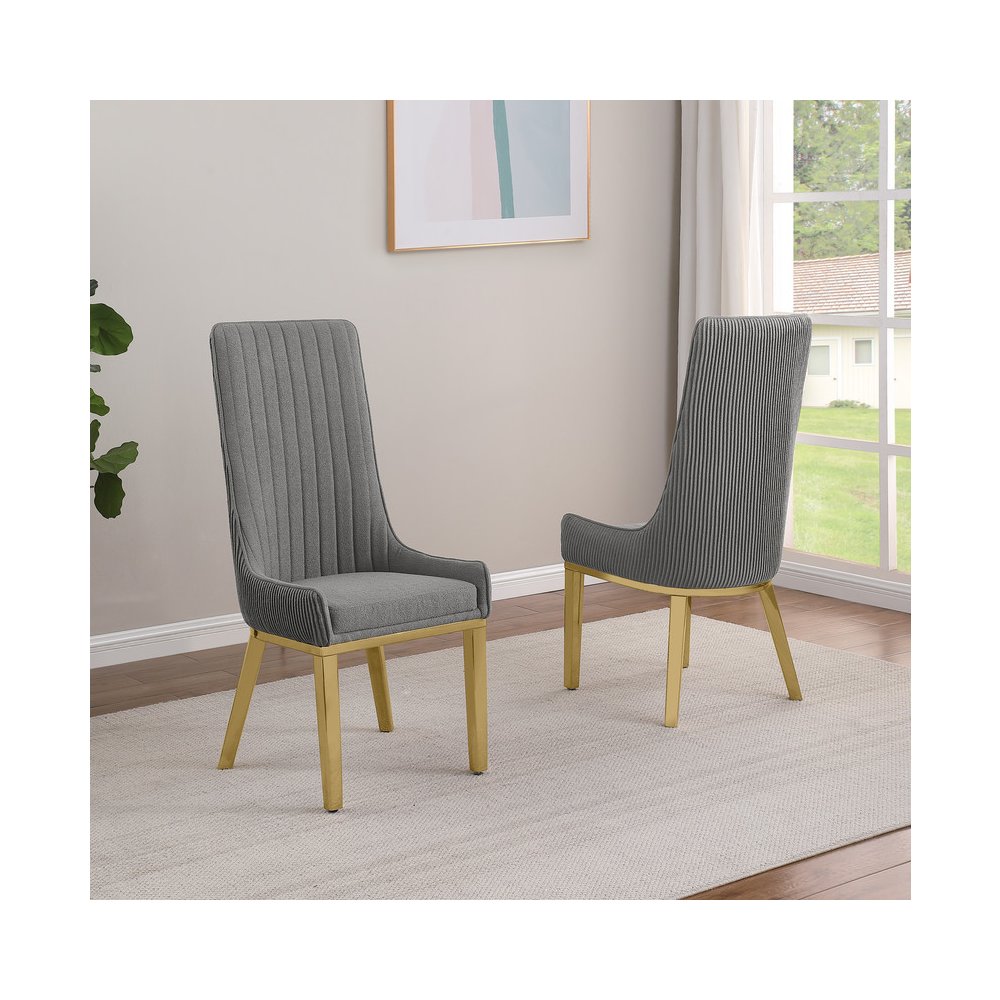 7Pc Tempered Glass Dining Set 6 Rich Gray Boucle Side Chairs And A Gold Base. Picture 5