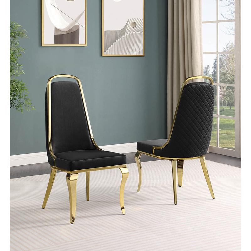 7pc Large(94") white wood top dining set with gold base and 6 Black side chairs. Picture 3