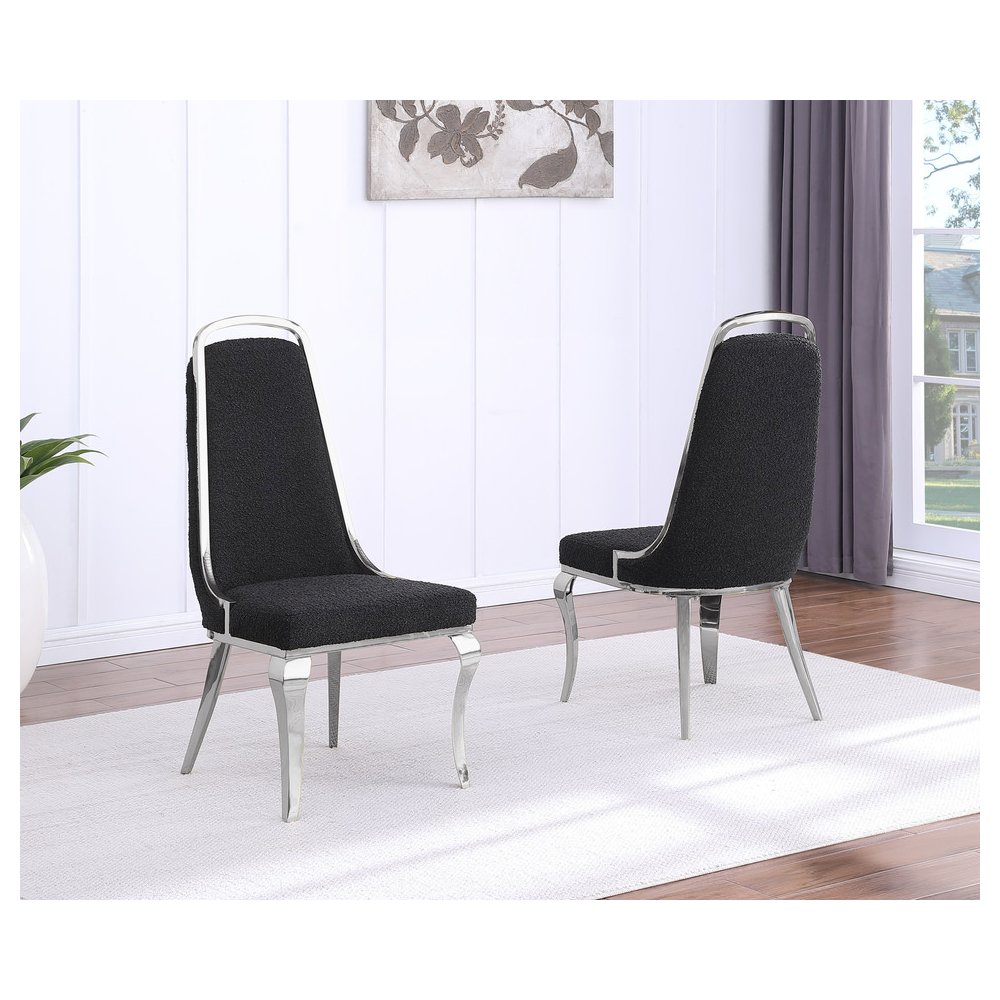 7Pc Tempered Glass Dining Set With 6 Black Boucle Side Chairs And A Silver Base. Picture 5