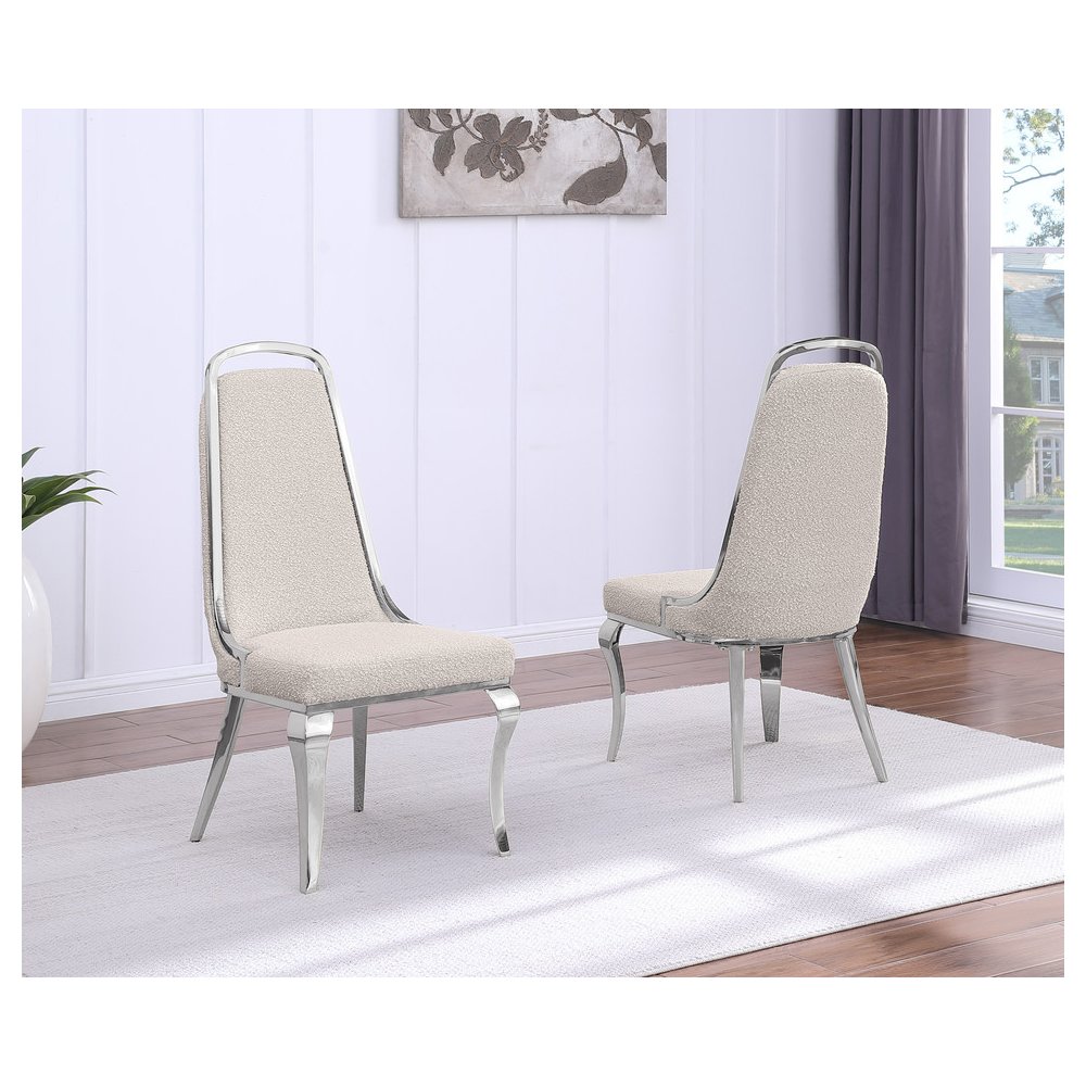 7Pc Tempered Glass Dining Set With 6 Cream Boucle Side Chairs And A Silver Base. Picture 5