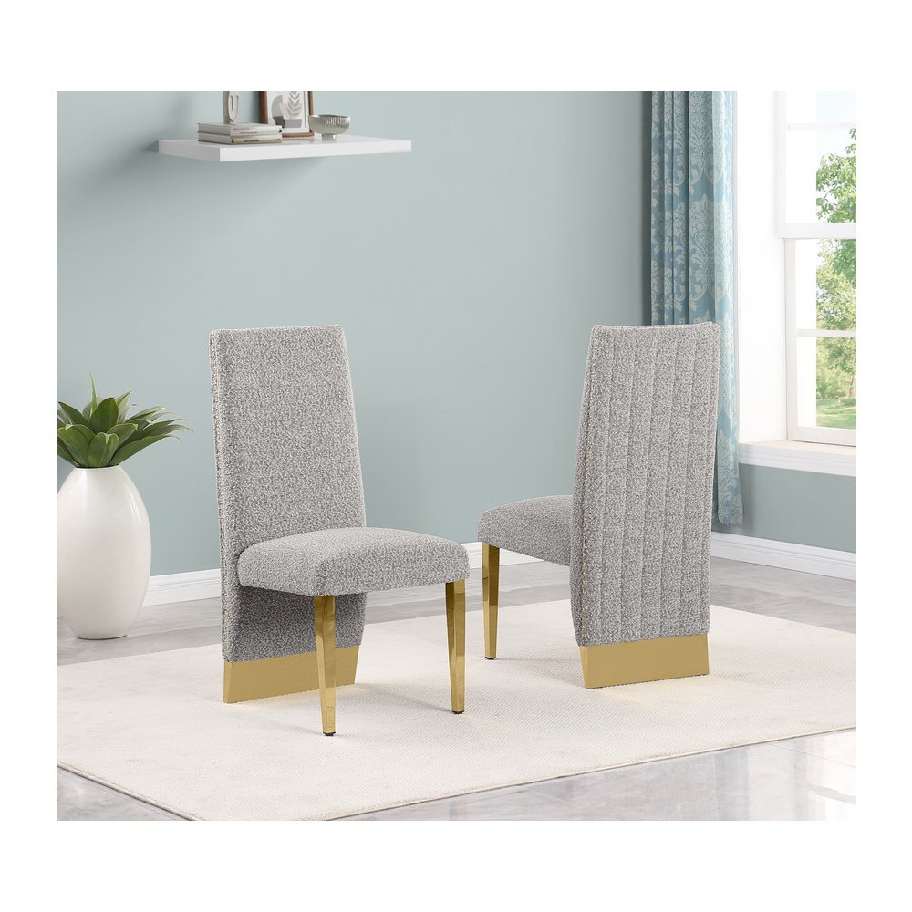 7Pc Tempered Glass Dining Set 6 Rich Gray Boucle Side Chairs And A Gold Base. Picture 5